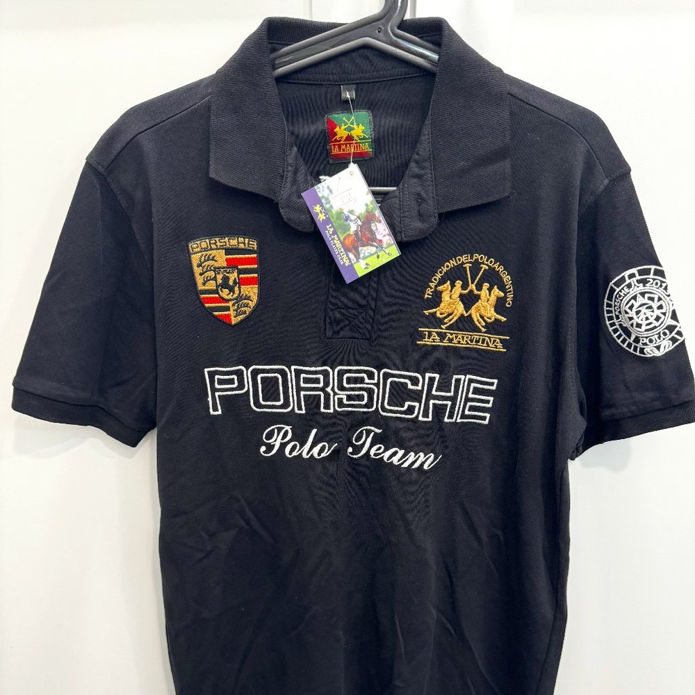 Men Porsche Polo Team Shirt Black Large Argentina La Martina NEW NWT!